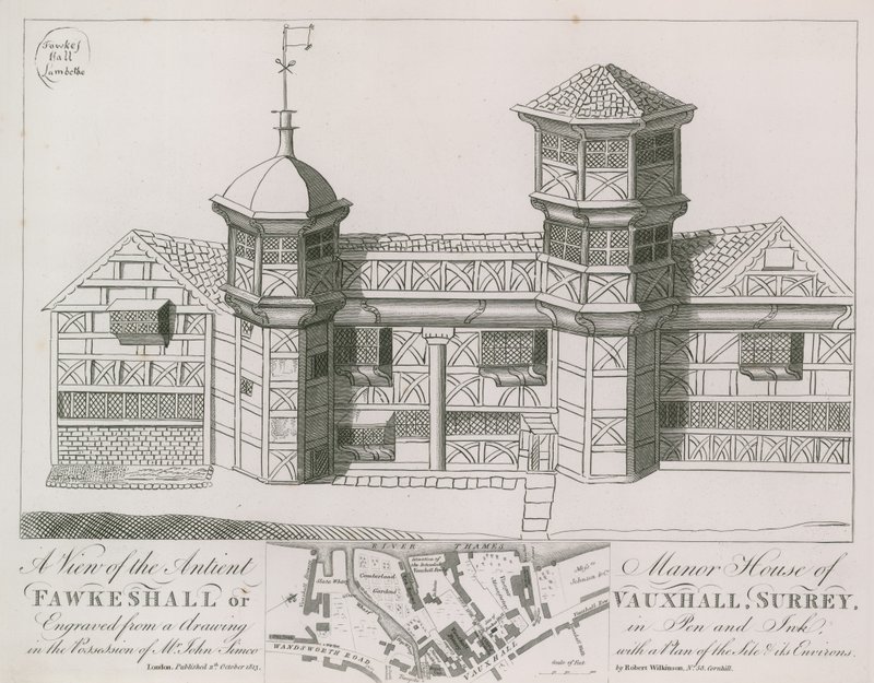 En vy av Antient Manor House of Fawkeshall eller Vauxhall av English School