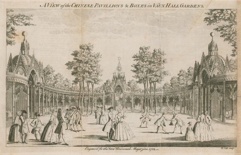 En vy av de kinesiska paviljongerna och lådorna i Vauxhall Gardens, London av English School