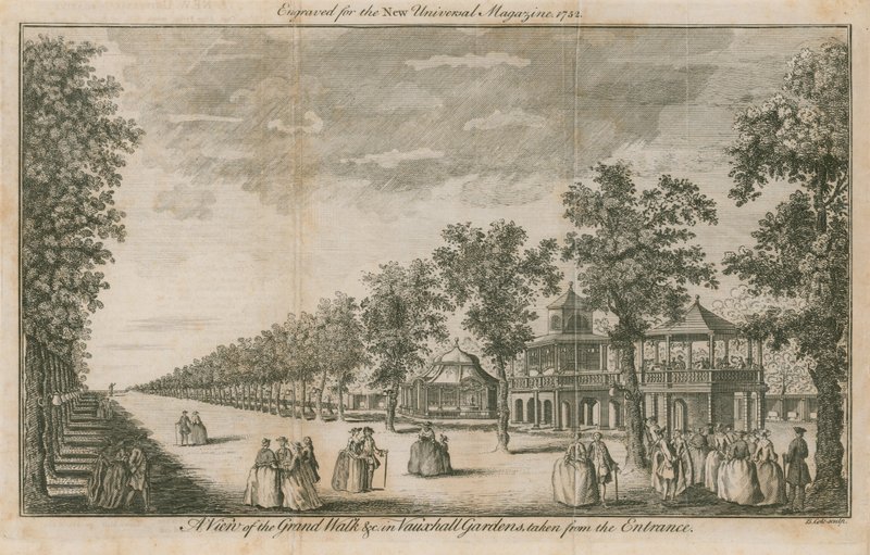En vy av Grand Walk i Vauxhall Gardens, London, tagen från entrén av English School