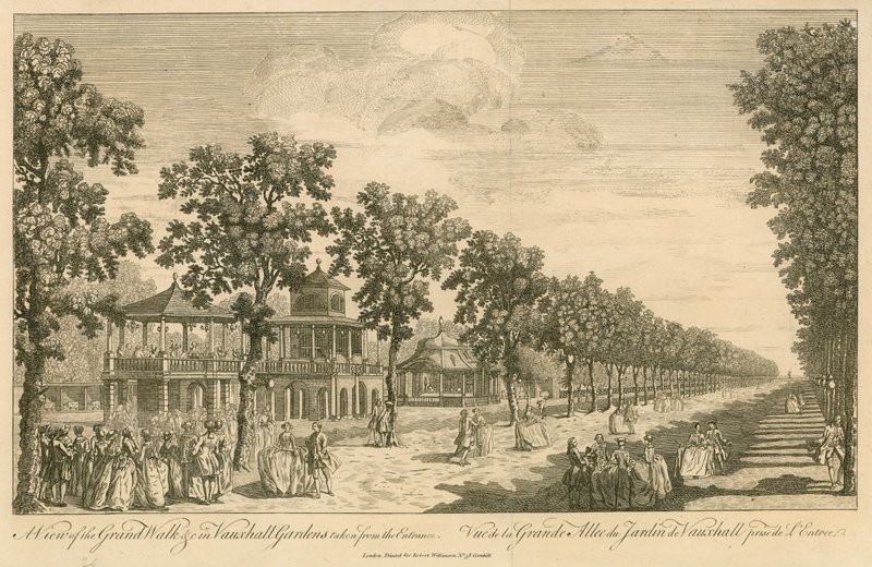 En vy av Grand Walk i Vauxhall Gardens, London, tagen från entrén av English School