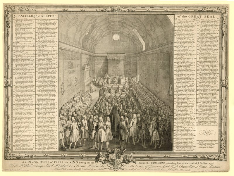 En vy av House of Peers, kungen som sitter på sin tron, underhuset som deltar i honom i slutet av sessionen 17412 av English School