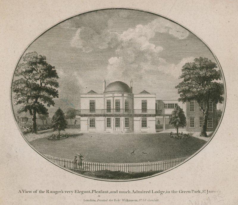 En utsikt över Rangers mycket elegant, trevlig och mycket beundrad Lodge i Green Park, St Jamess av English School