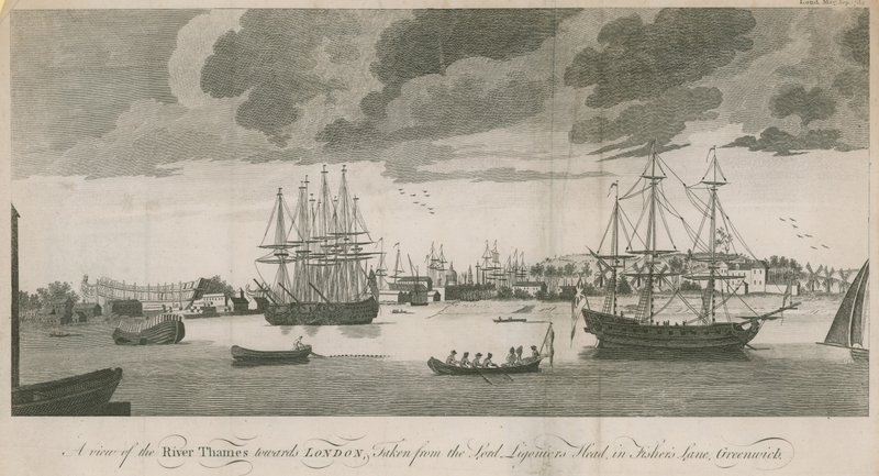 En vy över Themsen mot London, tagen från Lord Ligoniers Head i Fishers Lane, Greenwich av English School