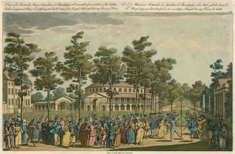 En vy av Rotunda House and Gardens i Ranelagh, London av English School