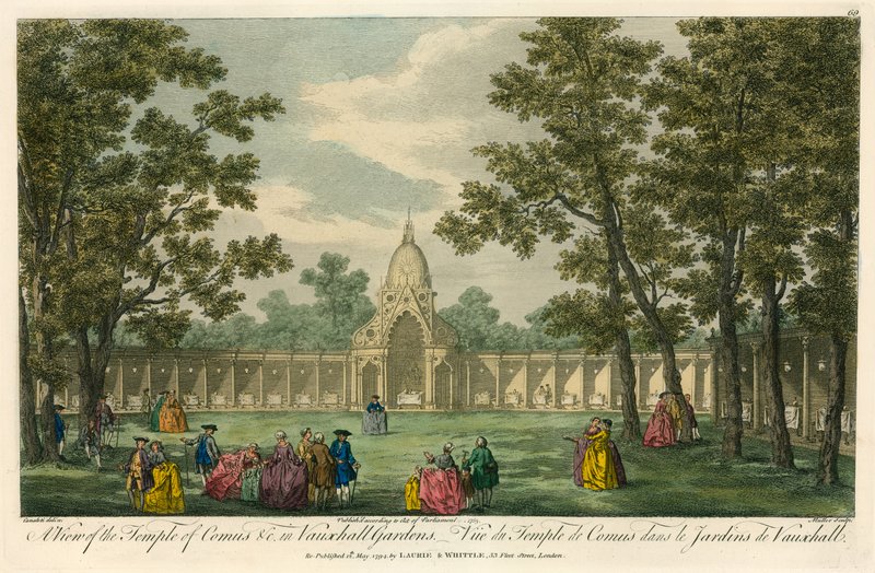 En vy av Temple of Comus i Vauxhall Gardens, London av English School