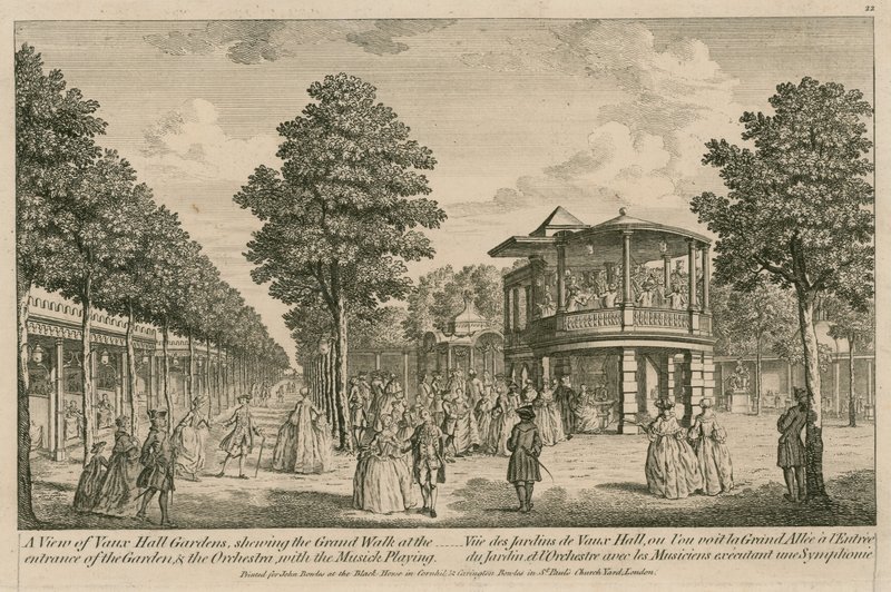 En vy av Vauxhall Gardens, London, som visar den stora promenaden vid ingången till trädgården och orkestern med musiken spelad av English School