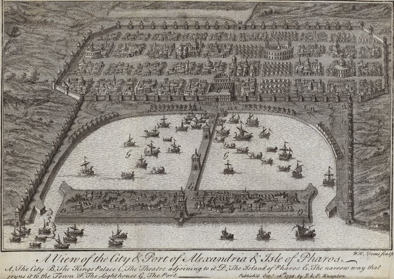 En vy över staden och hamnen i Alexandria och Isle of Pharos, Egypten, 1738 av English School