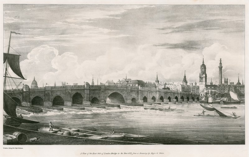 En vy över östra sidan av London Bridge år 1827 av English School