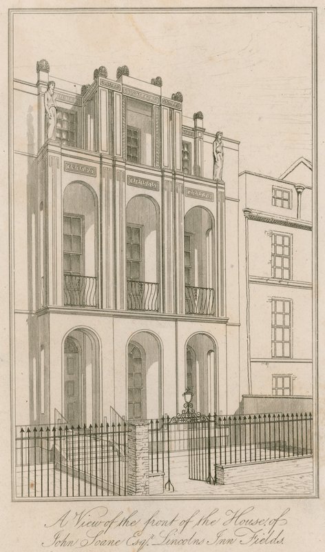 En vy av framsidan av huset till John Soane Esq, Lincolns Inn Fields, London av English School