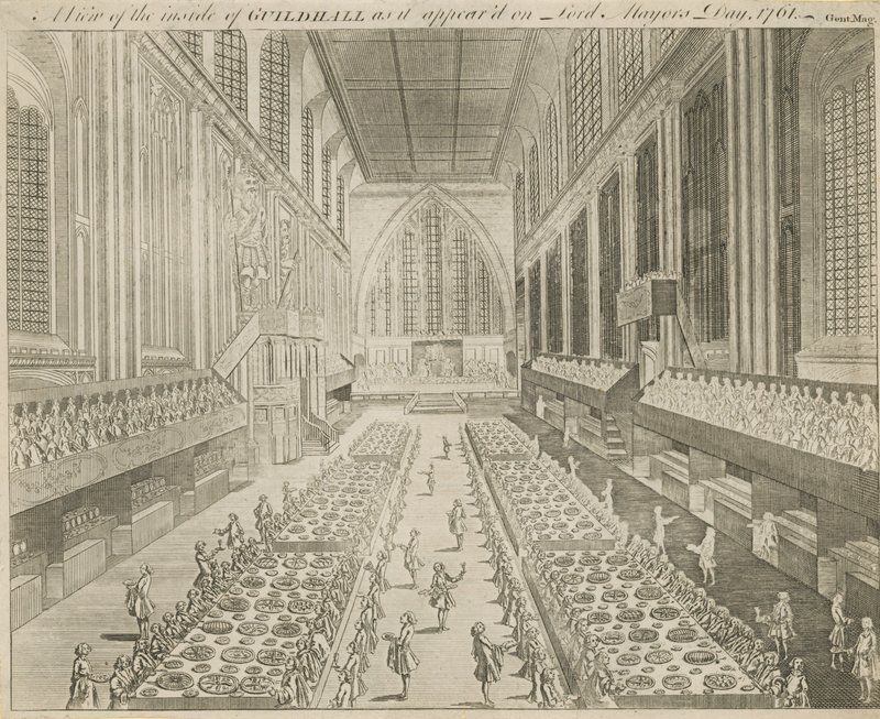 En vy av insidan av Guildhall som den såg ut på Lord Mayors Day, 1761 av English School