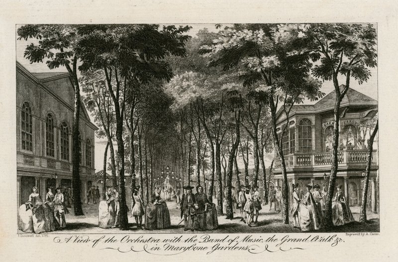 En vy av orkestern med musikbandet, Grand Walk etc i Marylebone Gardens av English School