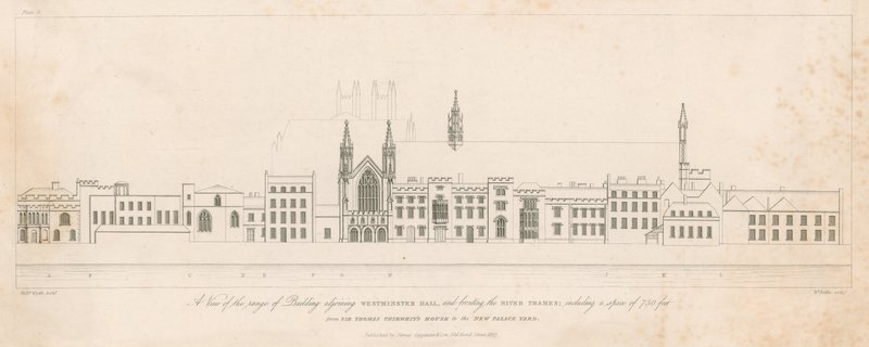 En vy av byggnadsområdet som gränsar till Westminster Hall och vid Themsen av English School