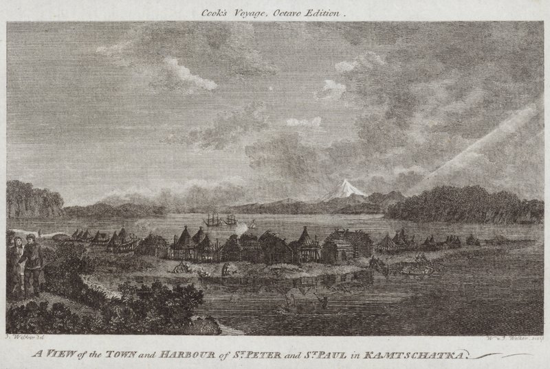 En vy över staden och hamnen i St Peter och St Paul i Kamtschatka av English School