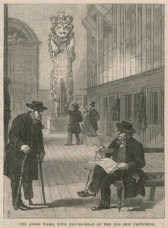 Ett besök på Greenwich Hospital; Anson Ward, med galjonsfigur av det gamla skeppet Centurion av English School