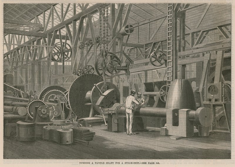 Ett besök på Penns Marine Engine Factory i Greenwich, London; Vridning av en paddelaxel för ett ångfartyg av English School