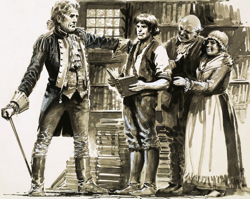En rik granne ser Samuel Johnson arbeta i en bokhandel av English School