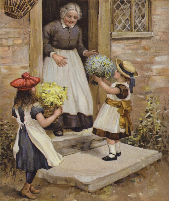 En kvinna tittar på när två unga flickor ger henne blommor av English School
