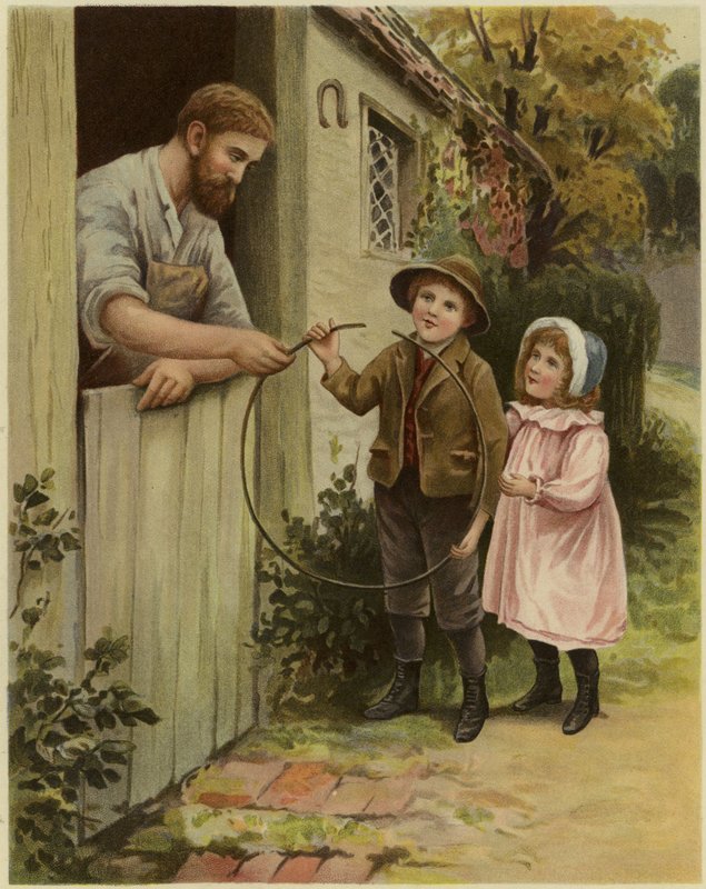 En ung pojke och en ung flicka ger en trasig båge till en smed för reparation av English School