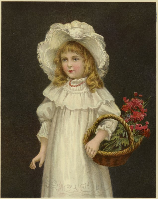 En ung flicka klädd i vitt håller en korg med röda blommor av English School