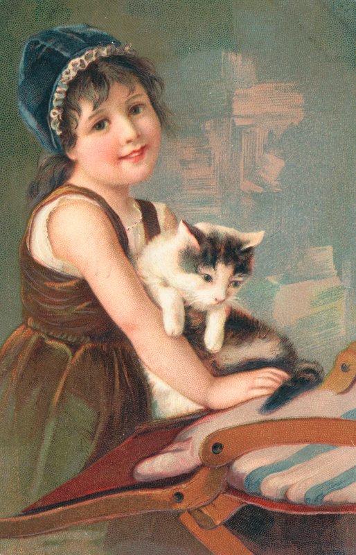En ung flicka poserar med en katt av English School