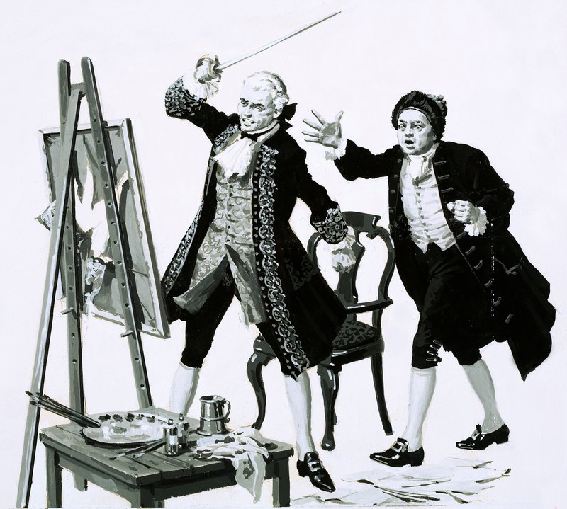 En ung man skar ett föga smickrande porträtt av sin far av Hogarth med ett svärd (gouache på papper) av English School