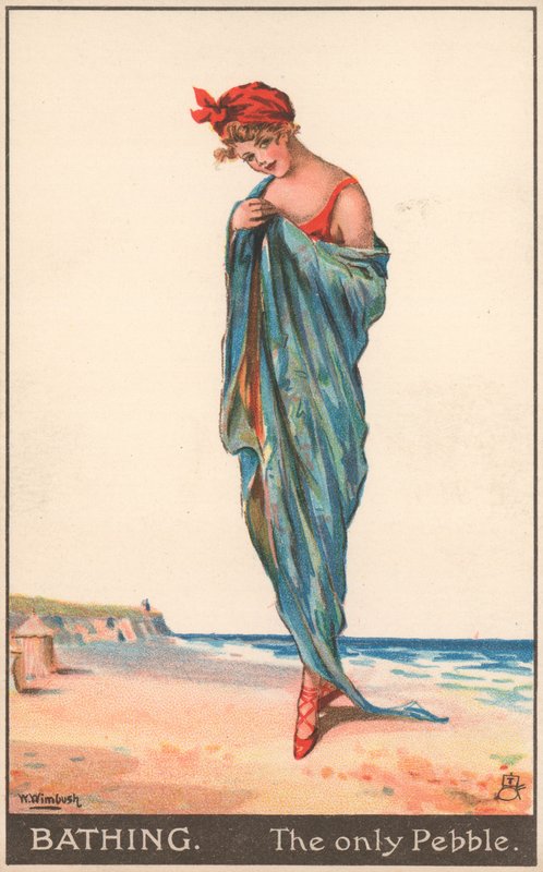En ung kvinna draperad i en handduk på en strand av English School
