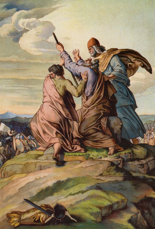 Aron och Hur håller upp Mose händer när Josua och israeliterna besegrar amalekiterna (chromolitho) av English School