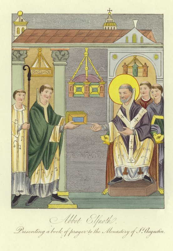Abbot Elfnoth presenterar en bönebok till klostret St Augustine av English School