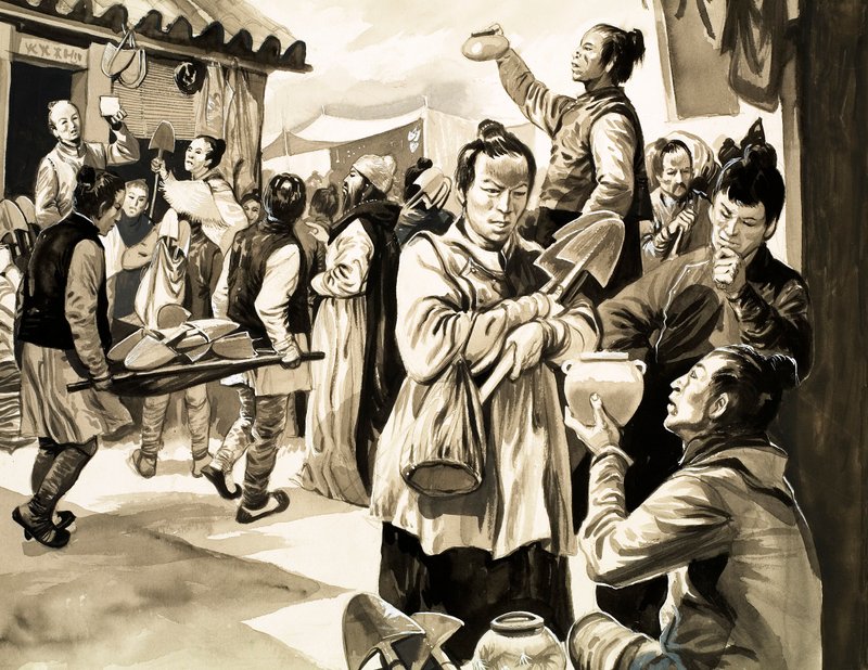 För ungefär tusen år sedan i Kina prutade kunder med handlare om varor och betalade i spader (gouache på papper) av English School