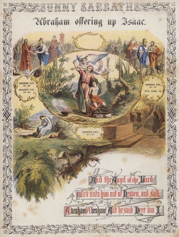 Abraham offrar Isak (färgad gravyr) av English School
