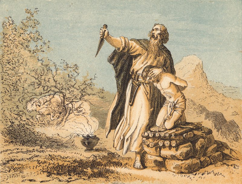 Abraham offrar Isak (färgad gravyr) av English School
