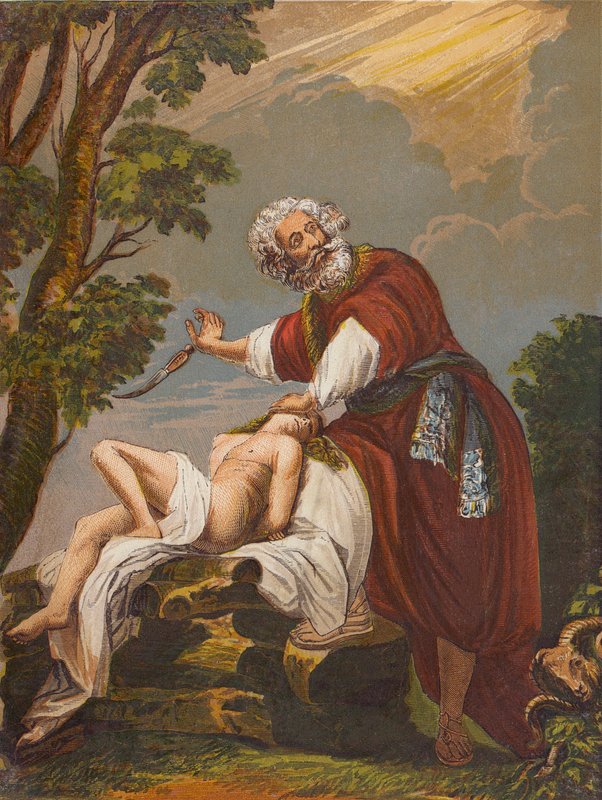 Abraham offrar sin son Isak (färglitografi) av English School