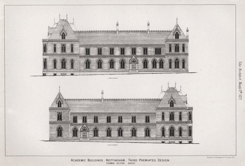 Akademiska byggnader, Nottingham, tredje premiärdesign (gravyr) av English School