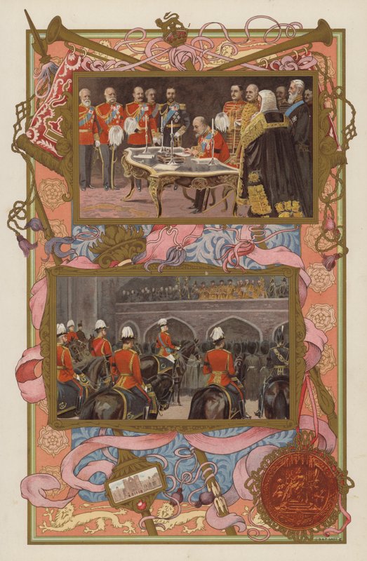 Tillträde av kung Edward VII: undertecknande av proklamationen; tillkännagivandet som görs (färg litho) av English School