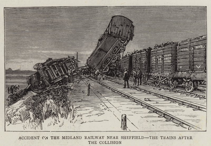 Olycka på Midland Railway nära Sheffield, tågen efter kollisionen (gravyr) av English School