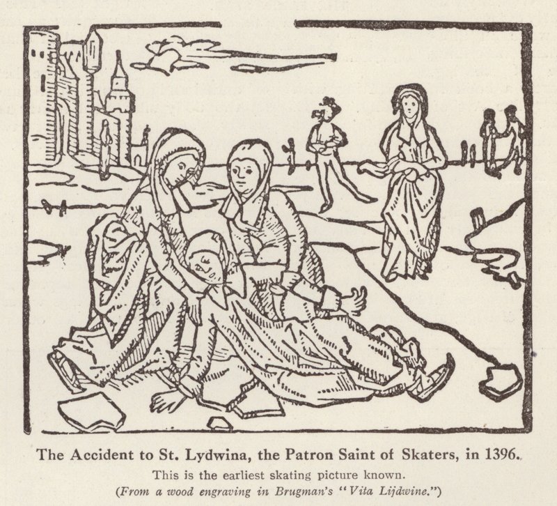 Olycka med St Lydwina, skyddshelgon för skridskoåkare, 1396 (litho) av English School