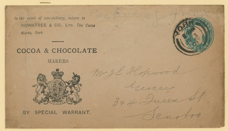Adressetikett från Rowntree & Co, The Cocoa Works, York av English School