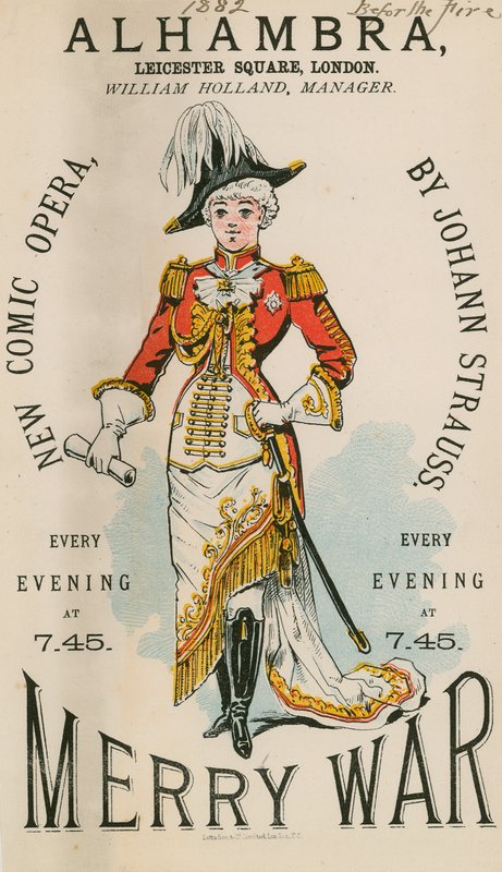Annons för Alhambra, Leicester Square, London, för Merry War, en ny komisk opera av Johann Strauss av English School