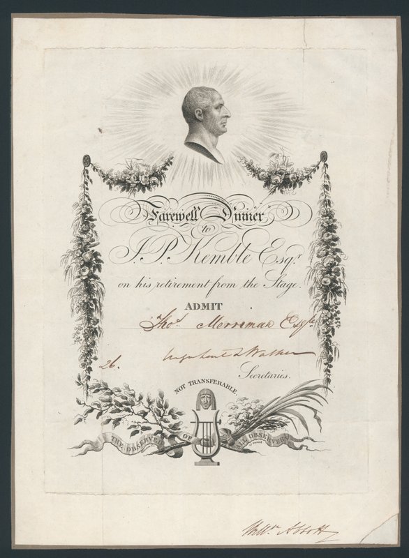 Entrébiljett till middag för att fira John Kembles farväl till scenen, 1819 av English School