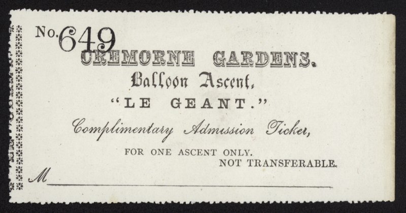 Inträdesbiljett till bestigningen av ballongen Le Geant från Cremorne Gardens, London av English School