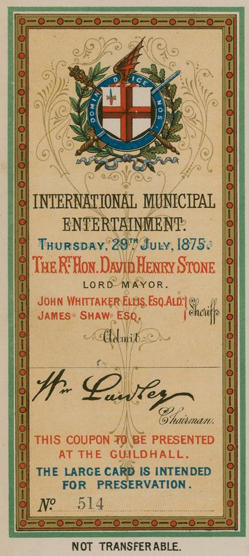 Inträdesbiljett till International Municipal Entertainment i Guildhall, London, den 29 juli 1875 av English School