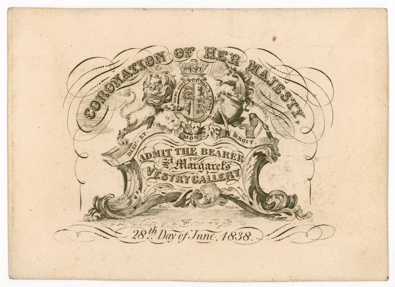 Inträdesbiljett till St Margarets Vestry Gallery, för kröningen av drottning Victoria, 28 juni 1838, framsidan av English School