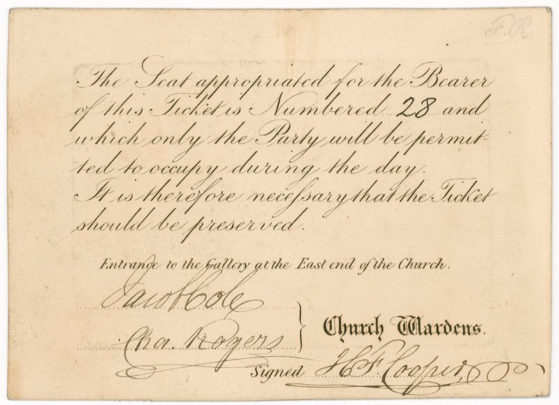 Entrébiljett till St Margarets Vestry Gallery, för kröningen av drottning Victoria, 28 juni 1838, omvänd av English School