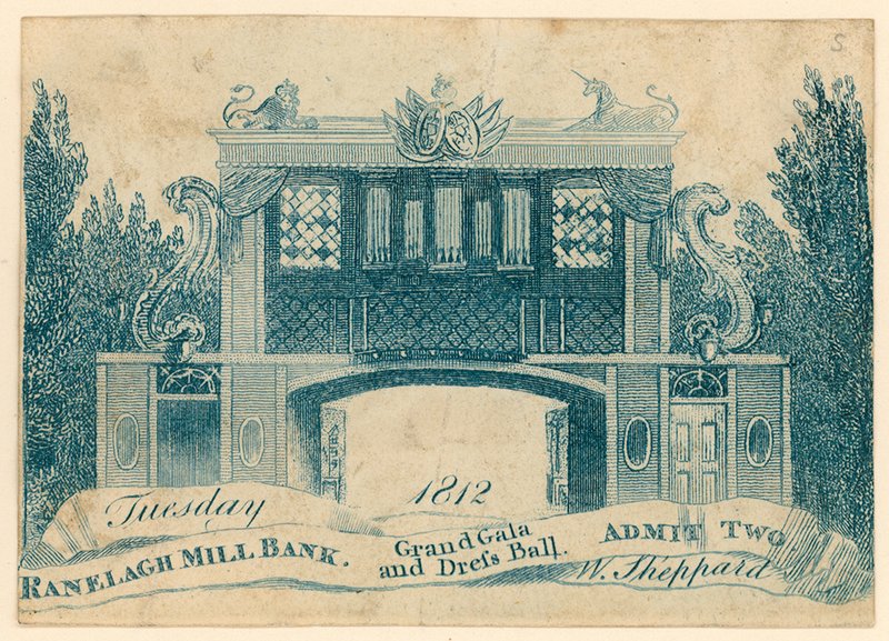 Inträdesbiljett till en storslagen gala och dressball på Ranelagh Gardens, Millbank, London. 1812 av English School