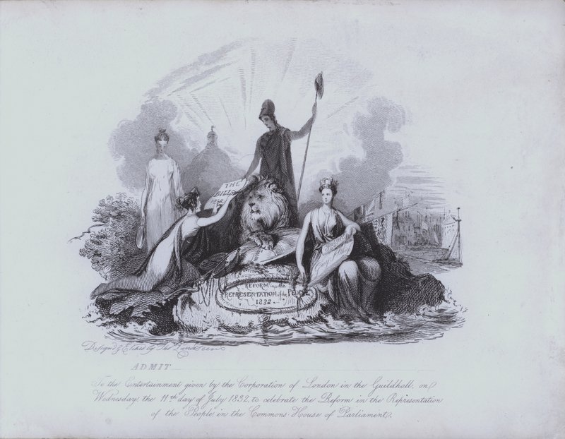 Inträdesbiljett till underhållning i Guildhall tillhandahålls av Corporation of the City of London för att fira antagandet av Great Reform Act från 1832 av House of Commons (etsning) av English School