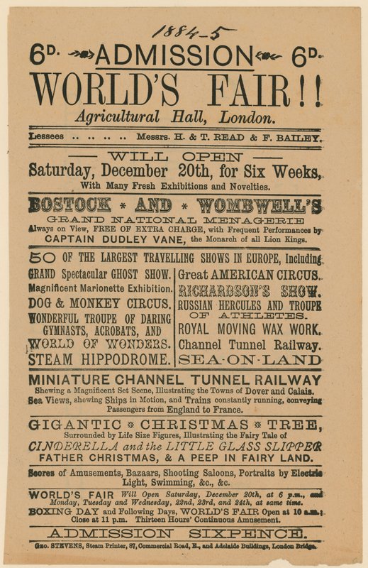 Inträde till Worlds Fair, Agricultural Hall, Islington, 188485 av English School