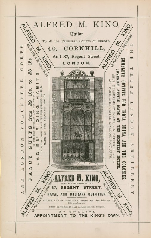 Annons för Alfred M Kino, skräddare, 40 Cornhill och 87 Regent Street, London av English School