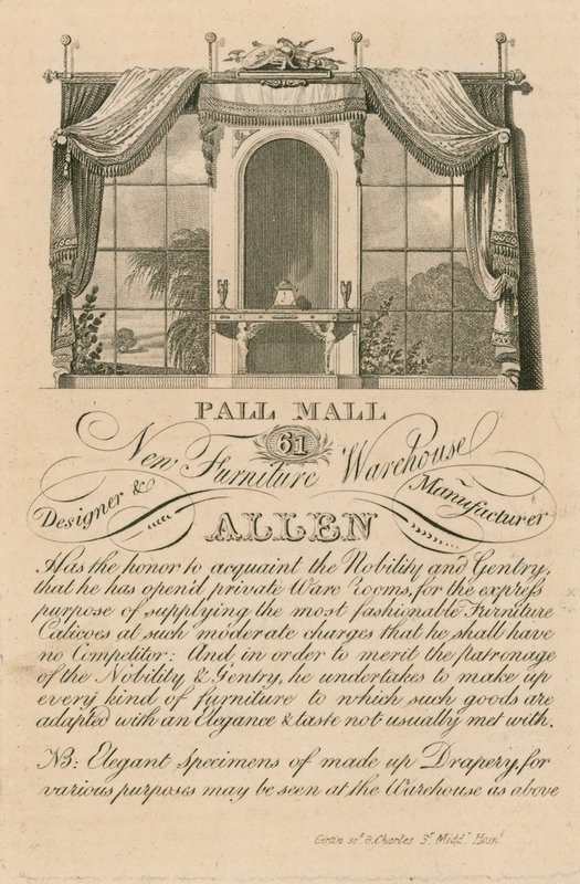 Annons för Allens nya möbellager, 61 Pall Mall, London av English School