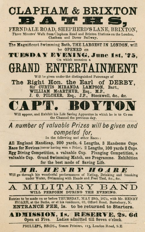 Annons för Clapham and Brixton Baths, Ferndale Road, Shepherds Lane, Brixton, London; med kapten Boyton av English School
