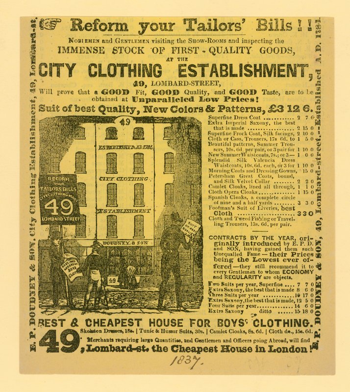 Annons för Doudney & Son, City Clothing Establishment, 49 Lombard Street, London av English School